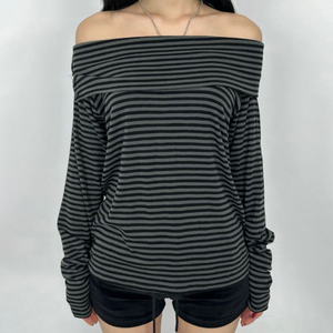 เสื้อยืดแฟชั่นลำลองแขนยาวสองชั้นแบบเปิดไหล่ ลายทางเก๋ไก๋สำหรับสาวฮอต ช่วยเสริมลุคเพรียวบาง - Product Image 1