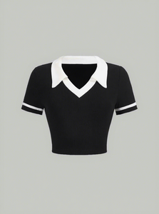 เสื้อโปโลแขนสั้นถักสำหรับผู้หญิง สไตล์พรีปปี้ สีพื้น คอวี ทรงครอป - Product Image 3
