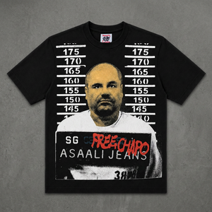 Camiseta Negra para Hombre JEANS con Estampado de Mugshot, Manga Corta, Cuello Redondo, Estilo Urbano, Corte Holgado, Algodón Jersey 180g Antiencogimiento - Product Image 4