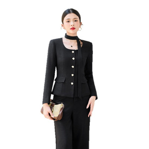 Women's Suit Set Full Sleeve Worsted Anti-Wrinkle Autumn Formal Workwear Trouser Suit Set Pink Apricot Black - Product Image 5