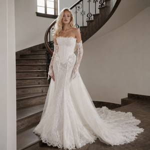Abito da sposa a sirena 2 in 1 con spalle scoperte, maniche a campana, corsetto trasparente, pizzo floreale 3D, taglie forti, personalizzabile, all'ingrosso - Product Image 3