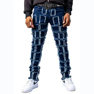 Jeans DiZNEW High Street Heavy Industry Washed Endommaged Patch Jeans de créateur de mode bleu pour hommes en détresse