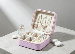 Estuche de Joyería Cuadrado Portátil de Alta Gama, Cierre Magnético, Tela de Cuero Sintético Rosa Claro, Diseño con Cierre de Cremallera, Múltiples Ganchos para Pendientes - Product Image 4