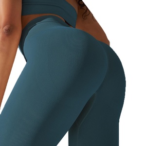 Leggings de sport à taille haute personnalisés, pour la course à pied et le fitness, contrôle du ventre, couleur unie, tricot sans couture, spandex/nylon, pantalon de yoga - Product Image 3