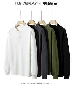 T-shirt à manches longues pour homme, col Henley, couleur unie, coton, décontracté, coupe classique, respirant, tricoté, blanc, noir, gris, vert - Product Image 4