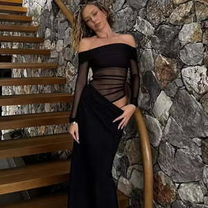 Mesh See Though <strong>Dress</strong> Wholesale Off the <strong>Shoulder</strong> <strong>Maxi</strong> <strong>Dress</strong> Custom logo Solid Color Simple <strong>Dress</strong> Factory Direct - Product Image 1
