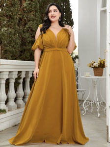 <span class=keywords><strong>Vestido</strong></span> de Noche Elegante de Gasa para Mujer Tallas Grandes, con Cuello en V, <span class=keywords><strong>Manga</strong></span> Media Farol, Hombros Descubiertos, Cinturón en la Cintura y Cremallera Trasera - Product Image 4