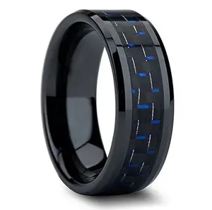 Vente en gros de bague noire en céramique de 8mm bague noire en céramique polie incrustation de mariage fibre de carbone bleu noir