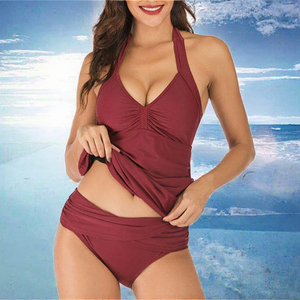 Ensemble de maillot de bain tankini dos nu pour femme, bas taille haute froncé, effet push-up, contrôle du ventre, couleur unie, bikini deux pièces - Product Image 2