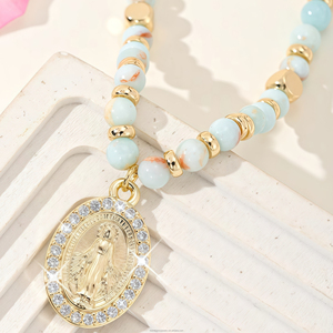 Bracciale <span class=keywords><strong>Rosario</strong></span> da Donna in Pietra Naturale Geometrica Religiosa San Juan Guadalupe Placcato Oro 14K con Perline - Regalo - Product Image 4