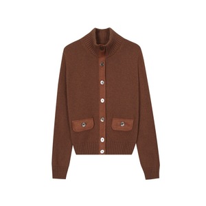 Wholesale Custom Women's <b>Brown</b> <b>Wool</b> Knit Cardigan, High Neck Long Sleeve Button Down Sweater, Ladies Casual Outerwear - Product Image 6