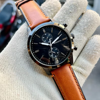 Montre chronographe minimaliste à quartz pour homme, boîtier ultra fin, plusieurs sous-cadrans, bracelet en cuir véritable, montre-bracelet décontractée pour homme