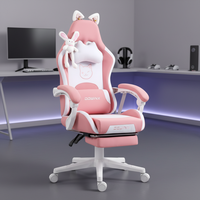 Chaise de gaming ergonomique rose avec oreilles de chat, dossier haut, repose-pieds rétractable, appui-tête pivotant, support lombaire, base cinq étoiles et roulettes pour filles