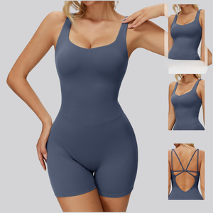 Combinaison de yoga athlétique décontractée pour femme, <span class=keywords><strong>justaucorps</strong></span> sans manches à dos croisé, sans couture, séchage rapide, en Spandex/Nylon - Product Image 5