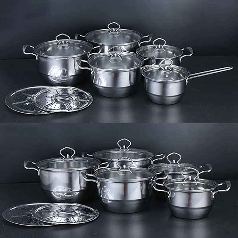 12 cái thép không gỉ nhà bếp Cookware Set 16-24cm cảm ứng nấu ăn chậu duy nhất xử lý Frying Pan Glass nắp không dính Bạc