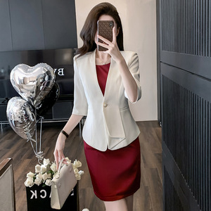 Women's Chiffon Two-Piece Suit <b>Set</b> Half Sleeve Solid Color Red Dress With <b>Blazer</b> 2025 Summer High-End Fashion - Product Image 5
