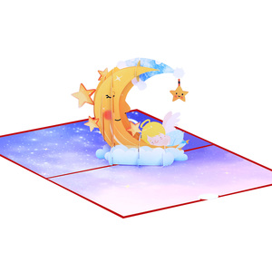 Carte de vœux en papier tridimensionnelle 3D, lune, étoile, rêve, amour, cadeau, invitation pour le bain et le baptême de bébé - Product Image 1
