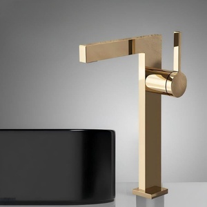 Rubinetto per <span class=keywords><strong>Lavabo</strong></span> in Ottone Termostatico dal Design Moderno Ultra Sottile, Finitura Oro Spazzolato, <span class=keywords><strong>Miscelatore</strong></span> Monocomando Acqua Calda e Fredda - Product Image 1