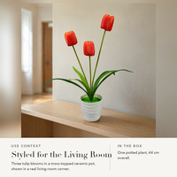 Arrangement floral artificiel réaliste en soie, 3 têtes de tulipes, fait main, style bonsaï, pour décoration moderne de maison et de mariage
