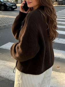 <span class=keywords><strong>Cardigan</strong></span> décontracté <span class=keywords><strong>marron</strong></span> <span class=keywords><strong>foncé</strong></span> en maille bouclée pour l'automne, idéal pour le bureau et les soirées romantiques – Pull tendance boutonné - Product Image 6