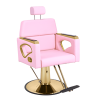 Fauteuil de Barbier Rose Instagrammable à Dossier Haut, Ergonomique, Hauteur Réglable, pour Salon de Coiffure, Luxe, Accoudoirs Dorés, Inclinable Hydraulique 360°