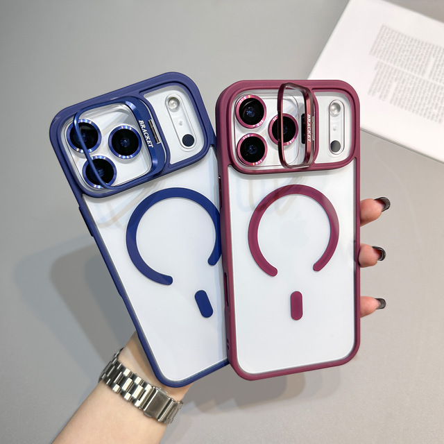 Shockproof Bracket Camera Protection Transparent Magnetic Phone Case for iPhone 17 16 15 14 13 Pro Max