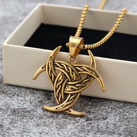 Kalung Lapis Emas 18k Baja Tahan Karat 316L Liontin Pria Viking Tanduk Tiga Kalung Simpul Celtic Tanduk Odin Perhiasan Hadiah