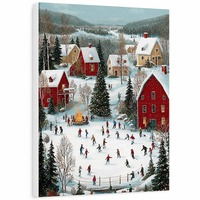Tableau mural Paysage de village de Noël enneigé avec patineurs, toile encadrée, scène hivernale festive, décoration de maison de campagne pour les fêtes