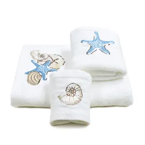 ricamo set di asciugamani Suppliers-Disponibile 100% asciugamano In velluto di cotone alto grammo con Set di asciugamani viso ricamo stelle marine
