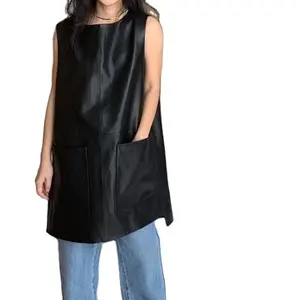 Novo Design Estilo Europeu Loose Fashion Real Sheep Leather Black Vest Dress Top Para As Mulheres