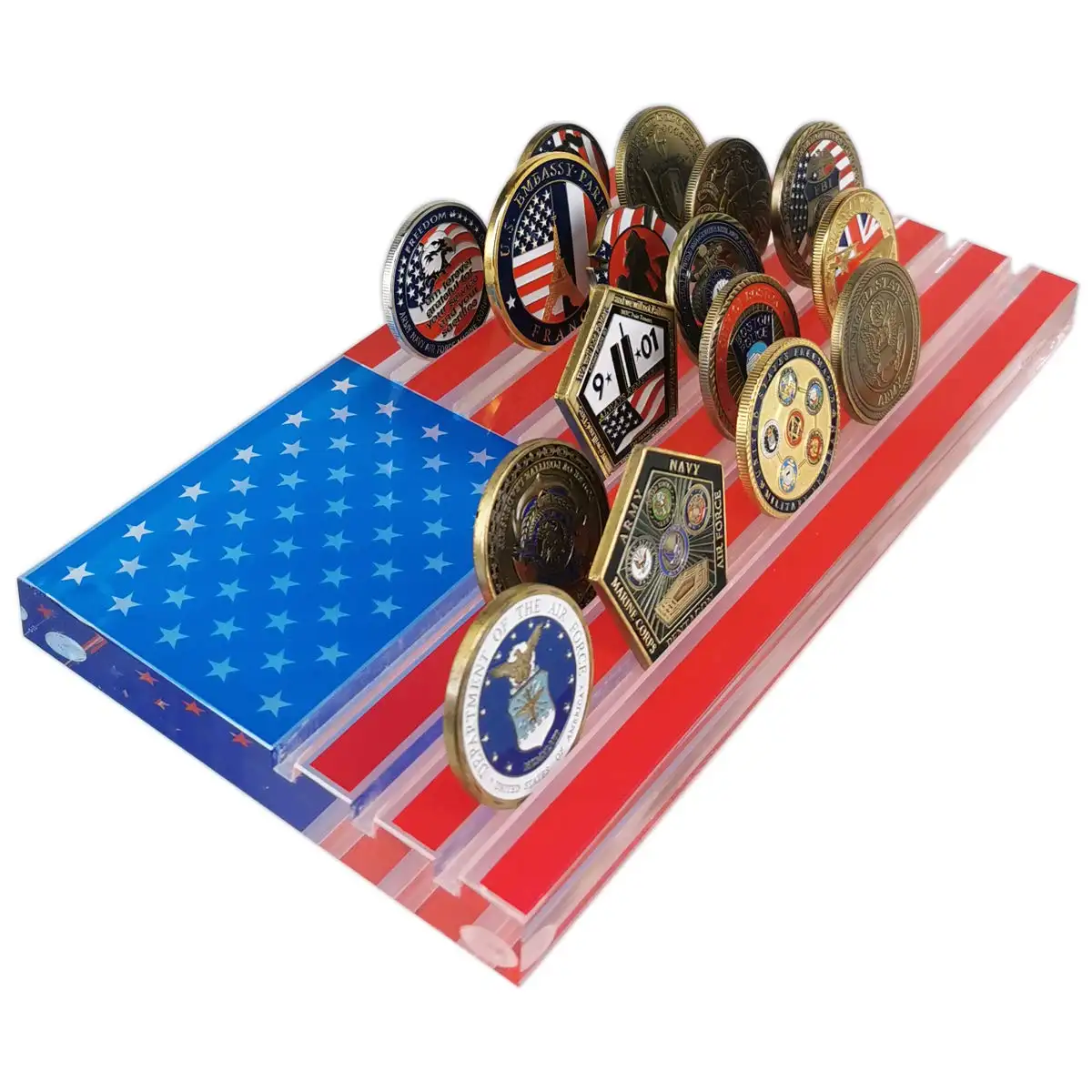 Acryl Challenge Coin Vitrine Militär polizei Sammler medaillen stehen American Flag Coin Holder