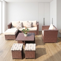 Ensemble de canapé d'angle 6 places en rotin PE marron moderne résistant aux UV, mobilier de salon extérieur, table basse, ottomanes, jardin, patio