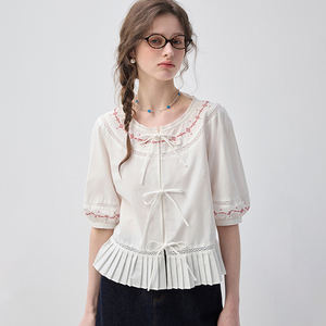 VEGA CHANG Camicetta <span class=keywords><strong>Bianca</strong></span> e Rossa Ricamata per Donne, Dettaglio Fiocco, Maniche a Sbuffo, Orlo Plissettato, Collo Tondo, Top Casual - Product Image 1