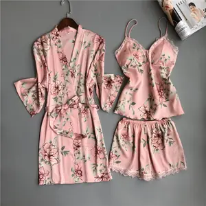 2021 Sommer Pyjama Lounge Pyjama Mujer Verano Pillamas Dreiteiliges Pyjama Set Bedruckte Blumen Nachtwäsche Frauen Schlaf kleidung Nacht