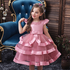 Robe de spectacle perlée pour enfants, jupe tutu multicouche, robe de demoiselle d'honneur rose pour filles - Product Image 2