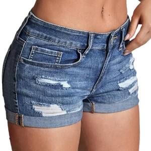 Short de plage d'été taille haute pour femme fendu Denim mode sauvage avec Sexy perforé élastique coupe ajustée manchette frisée Style décontracté - Product Image 2