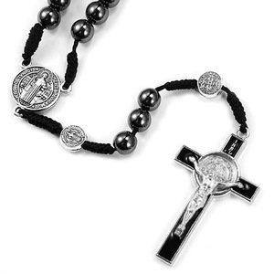 Collier chapelet personnalisé en perles d'hématite noire avec cordon, croix plaquée argent antique, bijoux religieux catholiques <span class=keywords><strong>de</strong></span> <span class=keywords><strong>prière</strong></span> - Product Image 5