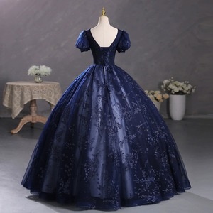 Navy Blue Ball Gown Dress With Puff Sleeves Floral Print Organza Empire Waistline Scoop Neckline Evening Gown For Performances - Product Image 4