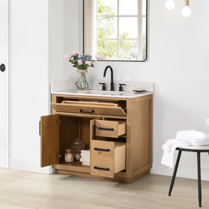 Mueble de Baño Moderno SENYUModern de Madera Maciza con Lavabo Individual y Gabinete de Almacenamiento, Acabado Natural, Tiradores Metálicos - Product Image 2
