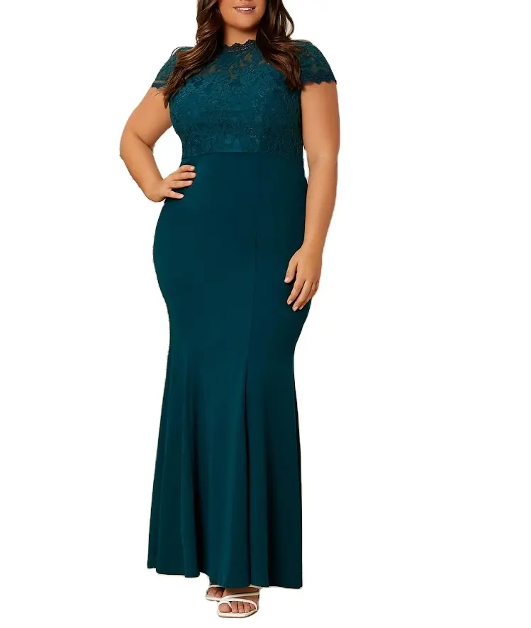 Hot Sale Customized Elegant Plus Size Lace Panel Mermaid Hem Bodycon Prom Maxi Dress For Women