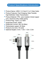 Cable de Datos USB-C 3.2 Gen2 C a C en Ángulo Recto JustLink PD 3.2 240W 48V 5A de Carga Rápida para Computadoras Portátiles, Tabletas y Teléfonos