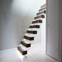 Ace Kit d'escalier en bois en forme de L Tuiles d'escalier Contrôleur Led moderne Éclairage Rail de verre Escalier flottant Escalier flottant