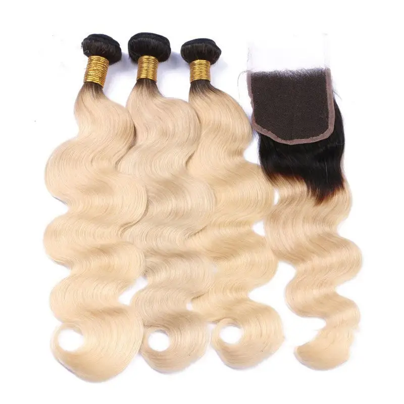 1b/613 bleach blonde Human Hair Weave Bundle Brazilian Virgin Cuticle Aligned Hair Bundles With body lace Closure