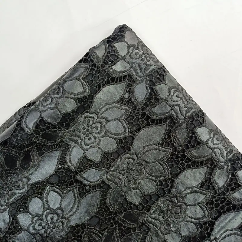 E-101 noir couleur découpé au laser pu cuir mode fleur paillettes conception dentelle tissu pour les femmes