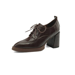 Chaussures pour femmes en cuir véritable faites à la main, imperméables, à bout pointu, à lacets épais, antidérapantes, durables, tendance, toutes saisons - Product Image 3