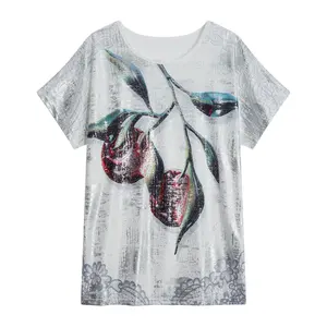 Camiseta personalizada de verano con estampado de transferencia de calor, bordado de diamantes de imitación, camiseta gráfica de punto de alta calidad para mujer, camiseta de manga corta