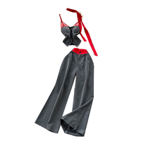 Ensemble haut et pantalon long pour femmes, style Y2K, été, dentelle contrastée, haut à bretelles, taille haute, pantalon large