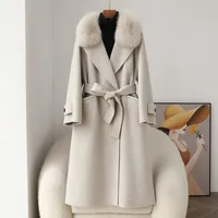 Nouveau Manteau Long en Cachemire Double Face pour Femme 2026 avec Col en Fourrure de Renard, Coupe Slim CT610