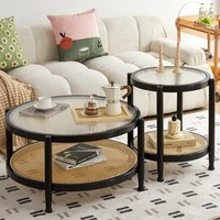 Table basse gigogne en bois massif et osier, petite table d'appoint ronde en verre arc-en-ciel style Wabi-Sabi pour salon domestique