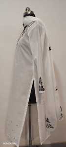 Kurta en Chiffon Blanc Brodé et Gaufré à Motifs Floraux, Col Rond, Manches Trois-Quarts, Blouse Longue pour Femme, Tenue Décontractée Printemps - Product Image 3
